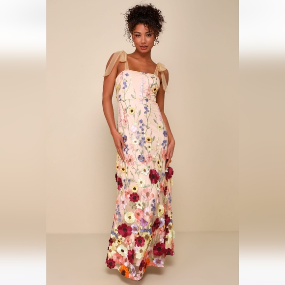 Thriving Poise Blush 3D Floral Embroidered Tie-Strap Maxi Dress - Picture 1 of 6